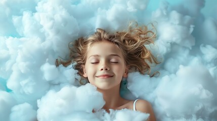 Be on cloud nine concept, little girl sleeping in cloud of white fluffy clouds, portrait beauty summer lifestyle playful