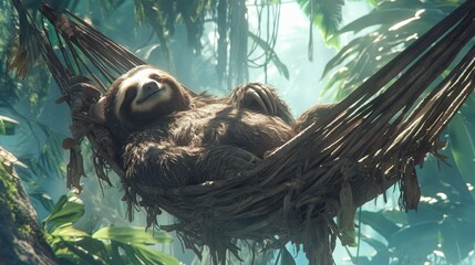 Naklejka premium Sloth lounging lazily in a hammock strung between two palm trees in Costa Rica