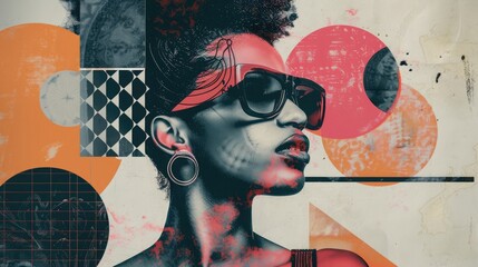 Abstract trendy vintage art collage with woman, geometric shapes, paper cutouts, patches, paint strokes. Retro fashionable style poster, banner