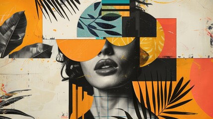 Abstract trendy vintage art collage with woman, geometric shapes, paper cutouts, patches, paint strokes. Retro fashionable style poster, banner