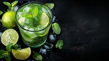 Refreshing mojito cocktail with lime and mint on a dark background.