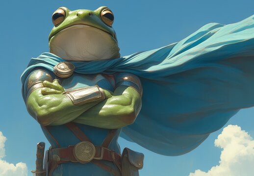 superhero frog, dramatic pose, cape