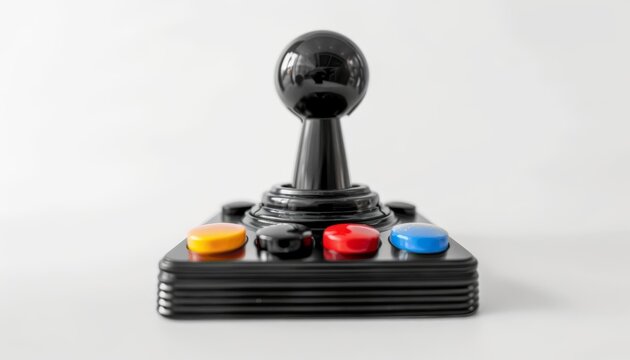 A classic joystick, ideal for flight simulators and arcade games, with its robust handle and buttons, isolated on white background