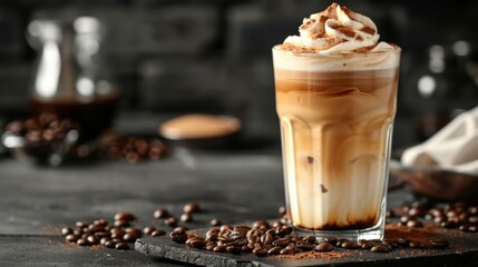 Iced coffee with cream and chocolate sprinkles in a tall glass on a dark background.