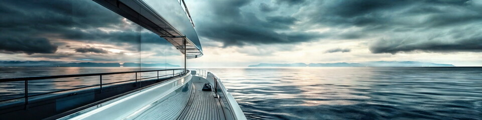 Fototapeta premium Yacht's stern under cloud cover. Muted tones quietude. Cruise advertisement, Yacht tour promotion, Website illustration