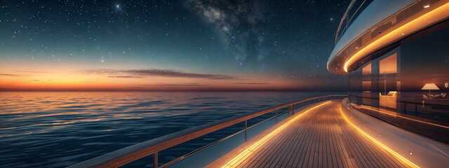 Obraz premium Yacht's deck under starlight. Peaceful ambiance distant lights. Cruise advertisement, Yacht tour promotion, Tourism banner