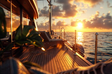 Yacht's deck during golden hour. Soft sunlight relaxed setting. Travel brochure, Yacht tour promotion, Presentation slide - Powered by Adobe
