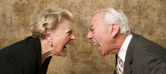 Intense conflict  angry man and woman glaring fiercely at each other in a heated confrontation - obrazy, fototapety, plakaty