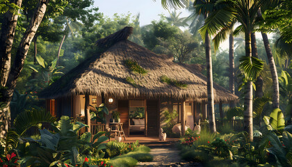 In the heart of the lush jungle, nestled amidst towering trees and vibrant foliage, stands a quaint house with a charming thatched roof