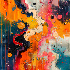 graffiti-like artistic chaos of drips, splatters, and circular accents