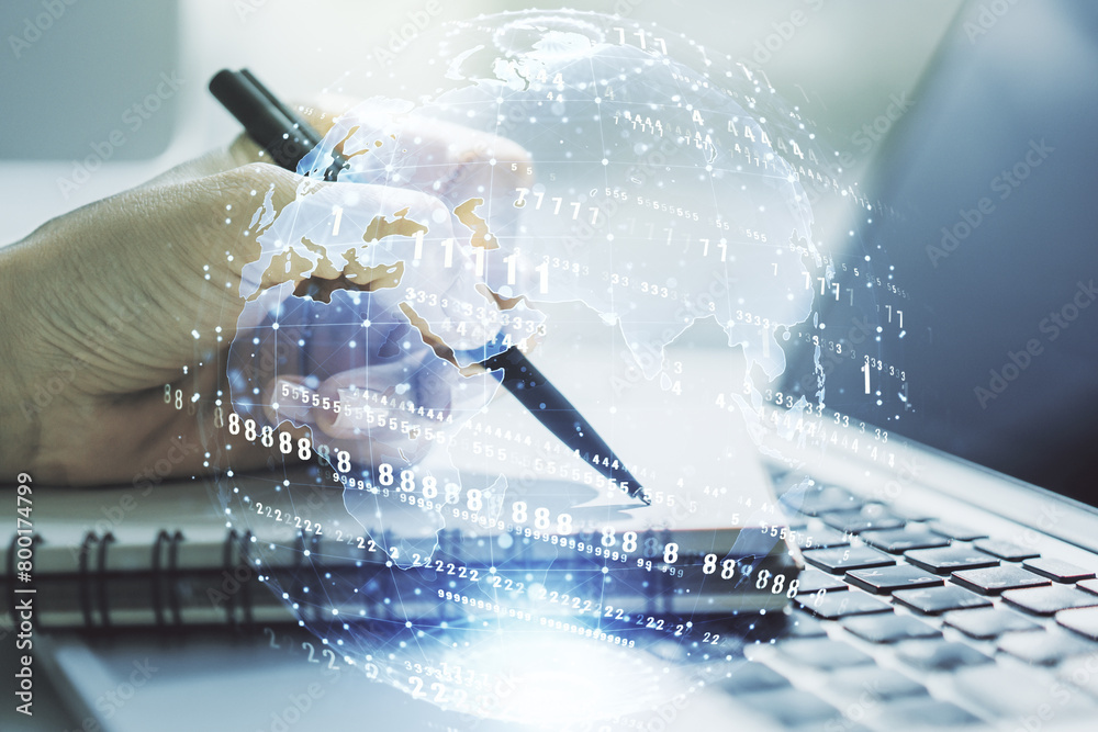 Poster double exposure of abstract creative programming illustration with world map and hand writing in not