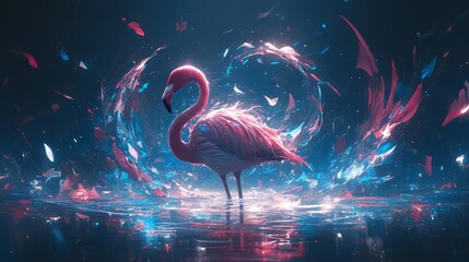 Fototapeta premium Flamingo gracefully wading through the shallow waters of a tropical lagoon