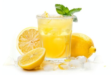 A refreshing glass of lemonade with ice and a lemon wedge.