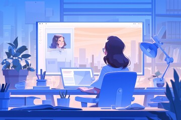 Illustration of an online job interview process, showing the employee's profile on screen and woman sitting at her desk having a video conference with a college student in the background. - obrazy, fototapety, plakaty