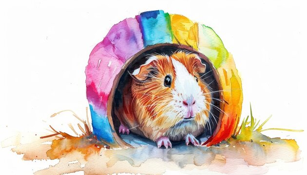 A guinea pig peeks out from a colorful hut, watercolor painting on a white background