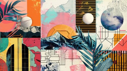Abstract trendy vintage art collage with geometric shapes, paper cutouts, patches, paint strokes. Retro aesthetic fashionable style poster, banner