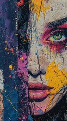 oil painting with a paint splatter covering a girl's face, pop art style. ai generated