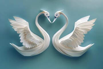 A pair of paper swans faces each other, forming a heart with their necks in a charming paper art style concept