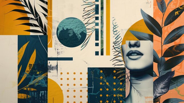 Abstract trendy vintage art collage with geometric shapes, paper cutouts, patches, paint strokes. Retro aesthetic fashionable style poster, banner