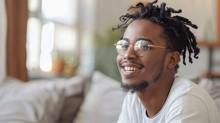 Smiling young man with dreadlocks wearing glasses.