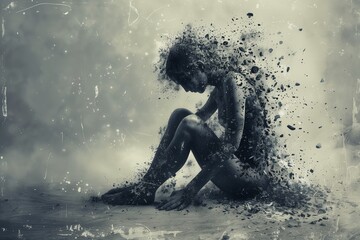 Black and white artistic person disintegrating into particles despair disintegration