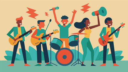 The sound of guitars and tambourines fill the air as a local band takes the stage inviting everyone to join in on the celebration.. Vector illustration