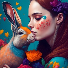 portrait of a person with a rabbit - obrazy, fototapety, plakaty