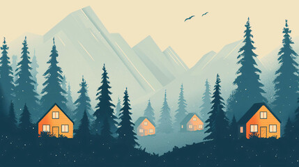 Cozy Cabin Haven: Serene mountain retreat with pine trees, cabins, and ample copyspace.