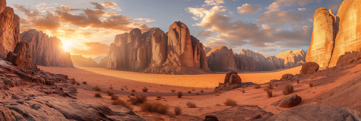 A panoramic view of towering sandstone cliffs glowing in the warm light of the setting sun, highlighting the vastness and isolation of the desert - obrazy, fototapety, plakaty