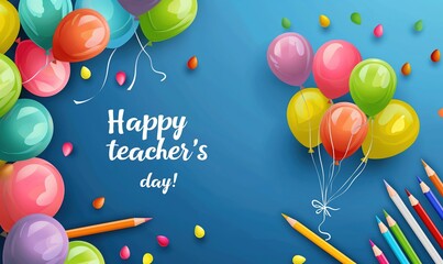 Vector illustration of a happy teachers day background with color pencils and balloons on a blue banner template for a card,
