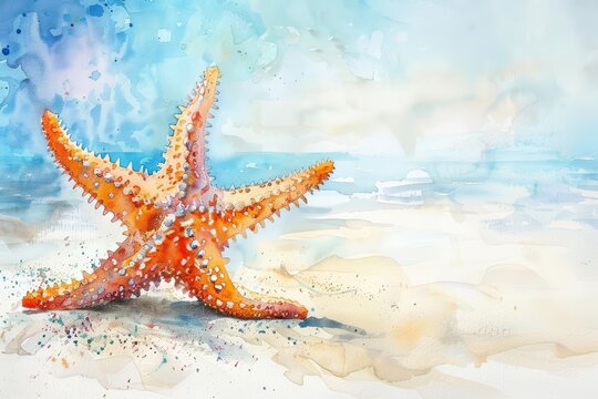 A starfish rests on the sandy ocean floor, watercolor painting on a white background