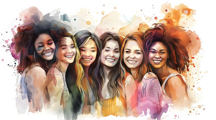Happy women group for International Women’s day , watercolor style illustration