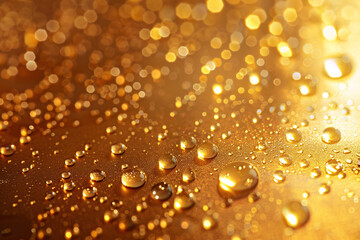 Golden water droplets on a shimmering gold background illuminated by warm light