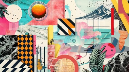 Abstract trendy vintage art collage with geometric shapes, paper cutouts, patches, paint strokes. Retro aesthetic fashionable style poster, banner