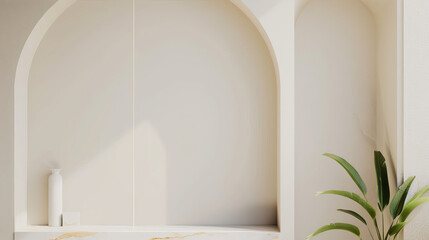 Beige wall with an arch. Empty space for goods
