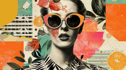 Abstract trendy vintage art collage with woman, geometric shapes, paper cutouts, patches, paint strokes. Retro fashionable style poster, banner