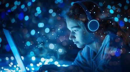 Naklejka premium A young girl is sitting in a dark room, looking at her laptop screen. She is wearing headphones and there are fairy lights in the background.