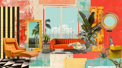 Abstract trendy vintage art collage with furniture, geometric shapes, paper cutouts, patches, paint strokes. Retro aesthetic fashionable style poster, banner