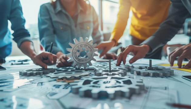 A group of people are working together to assemble a gear train.