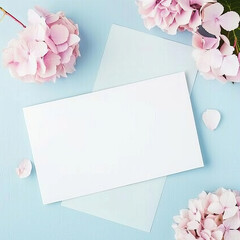 White sheet of paper on a blue background with pink flowers
