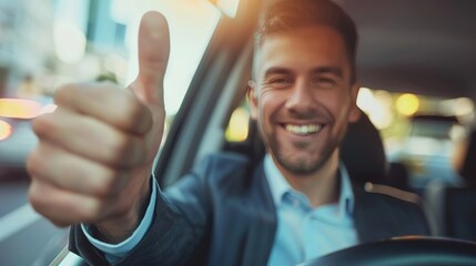 Successful businessman in suit giving thumbs up while driving luxury car, side view closeup