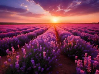 Obraz premium Lavender fields at sunset with rows of purple blooms stretching towards the horizon