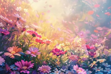 A field of flowers with a bright shining sun and colorful flowers in the foreground.