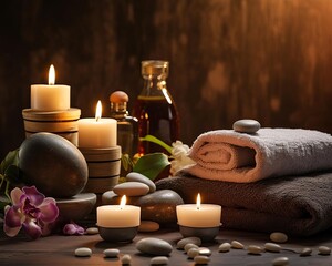 Luxurious spa setting with hot stones, towels, and aromatic candles for relaxation