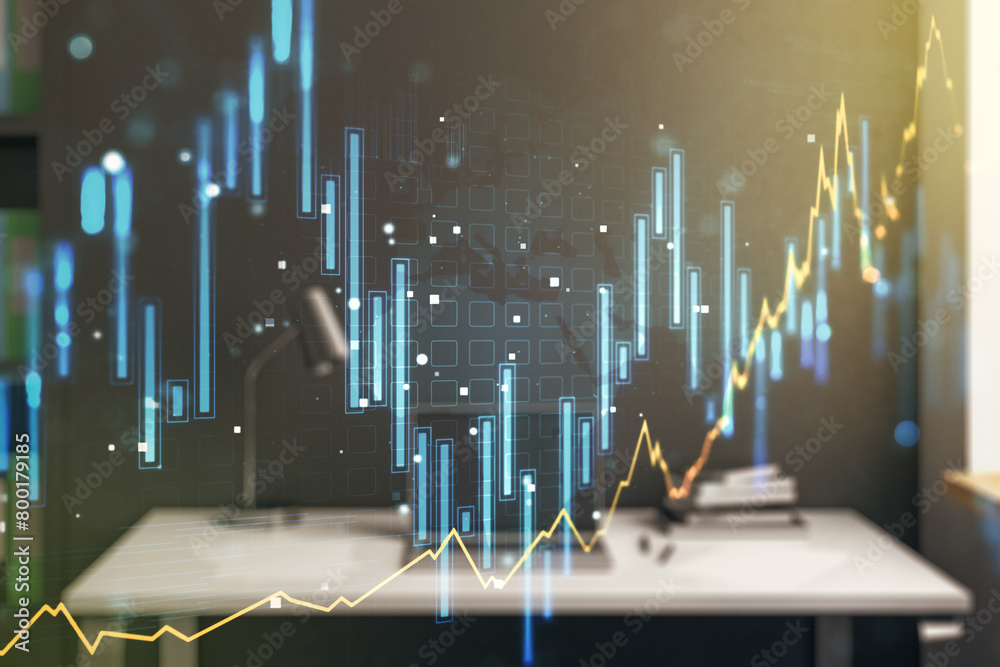 Poster double exposure of abstract creative financial diagram and modern desk with computer on background, 