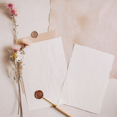 Blank, beige sheet on a pink background with plant twigs and stamp
