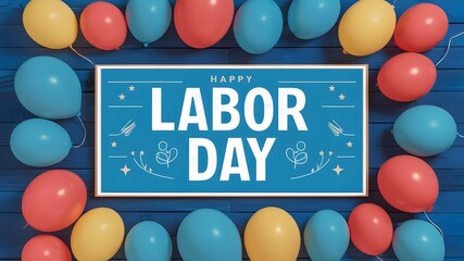 Image with a Labor Day sign on a wooden background full of balloons and American flags, poster, blue poster, labor day poster, happy labor day, wood, wooden background, balloons, balloon - obrazy, fototapety, plakaty