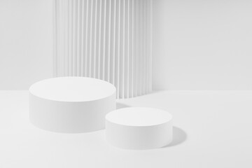 Abstract stage with two white round podiums with striped pillar as decoration, mockup on white background. Template for presentation cosmetic products, gifts, advertising, display in simple style.
