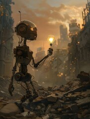 Resilient Robot Amid Post Apocalyptic City Ruins Grasping Glimmering Lightbulb of Hope