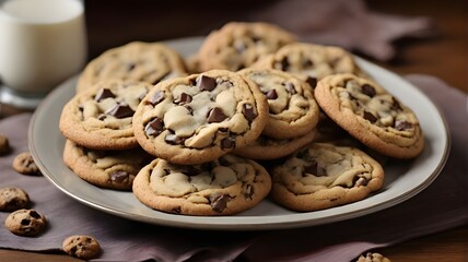 A plate of classic American chocolate chip cookies, still warm and gooey from the oven 